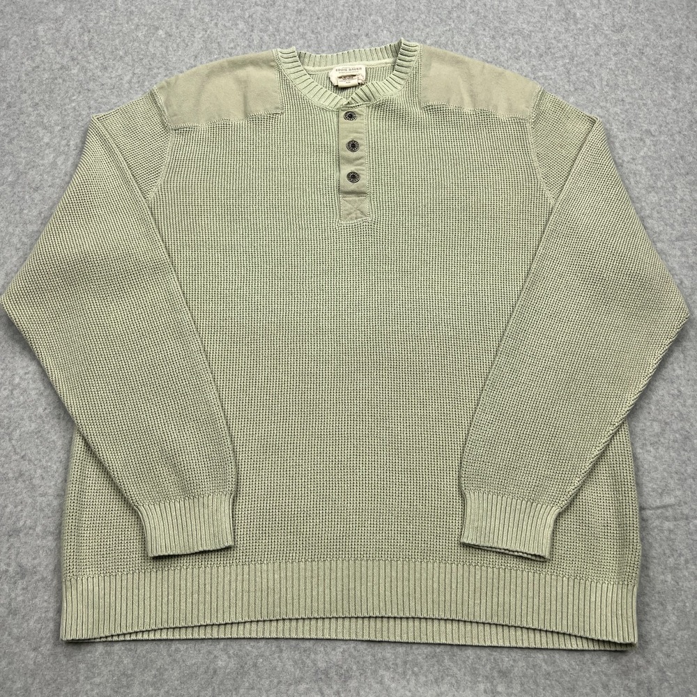 Eddie Bauer‎ Henley Sweater Men's XL Green Military Shoulder Pads Knit Pullover